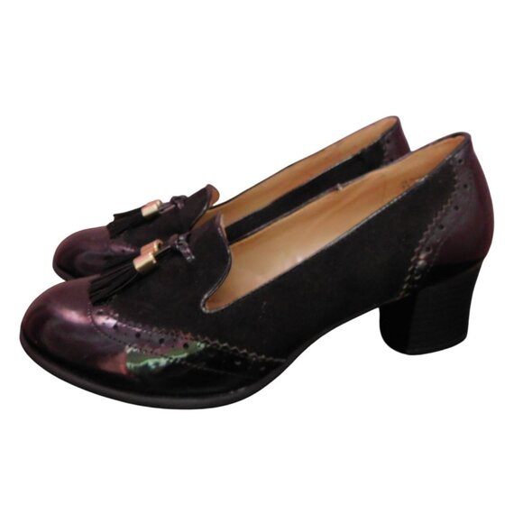 Karen Scott Womens Tassel Loafers 6.5 Black Patent & Suede Block Heel Slip-On Sh - Picture 1 of 8